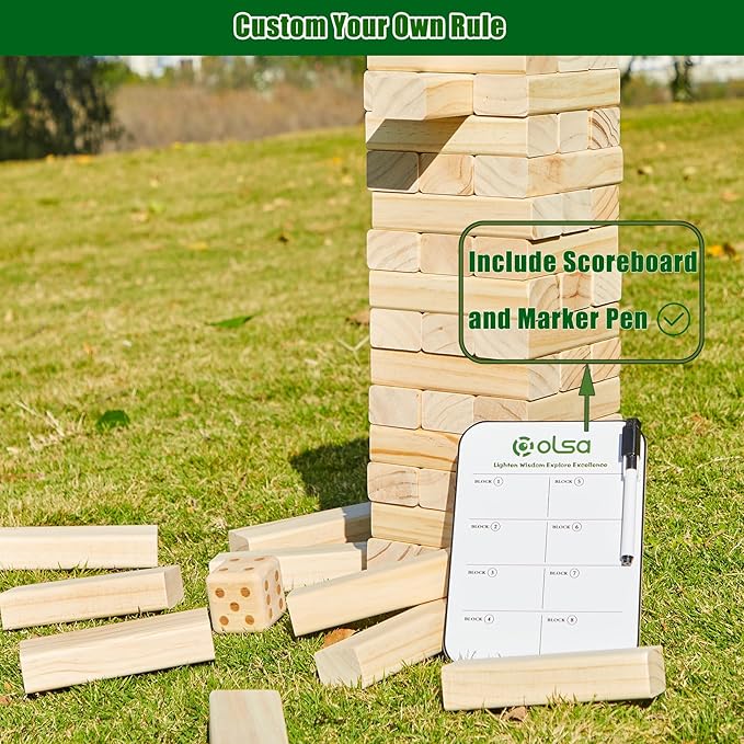 Olsa Jumbo Tumble Tower Outdoor Games 60pcs Large Blocks Stacking Lawn Yard Game for Kids Adults Family Stack to Over 5FT Giant Family Party Games for Holiday