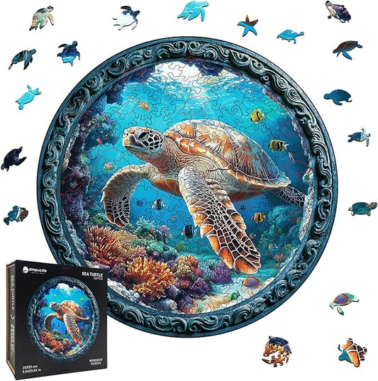 Wooden Puzzle for Adults – Unique Sea Turtle-Shaped Jigsaw, Ocean Animal Design Brain Teaser for Kid & Teen 220 Pieces, 10"x10", Ships as Whole Puzzle Board, Gift-Ready Box, Fun Family Game,