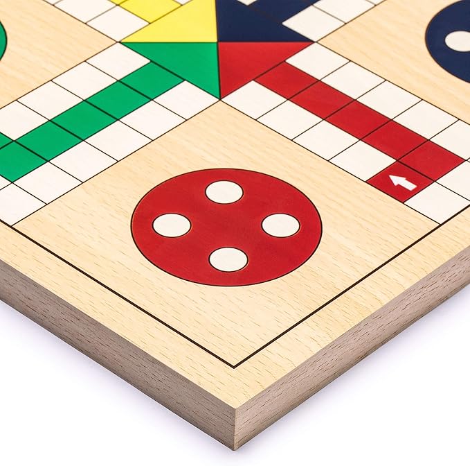 Yellow Mountain Imports 2-in-1 Reversible Wooden Snakes and Ladders, Ludo Game Set - 11.3 inches