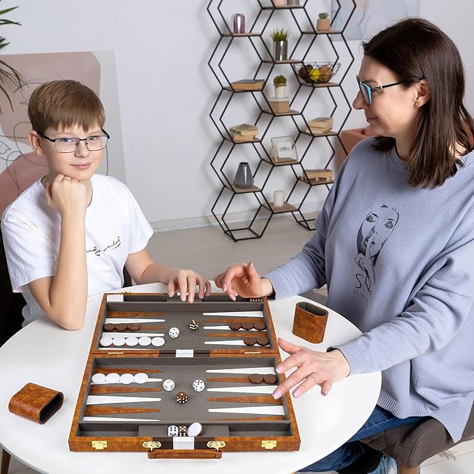 Backgammon Set, 15 Inch Portable Board Game with PU Leather Case for Adults, Brown Backgammon Travel Set