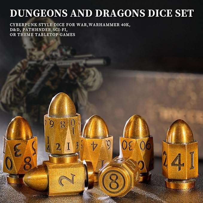 Metal Dice Set of 7, Polyhedral Role Playing Game, Cyberpunk Style, Gradient Antique Gold