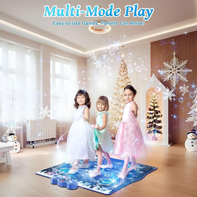 Dance Mat, Ice and Snow 6-Button Princess Dance Mat for Kids Ages 4-8, Bluetooth Music Control, 13 Built-in Music, 6 Game Modes, 3-10 Year Old Girl Gifts