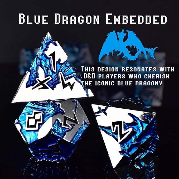 Rule Dice - D&D Dice Set, Metal Dice Sets, Dungeons and Dragons Dice Set with Gift Box, D20 D4 D12 D10 D% D8 D6, Blue Dragon Style Gaming DND Dice for MTG RPG TTPRG (Silver Black)