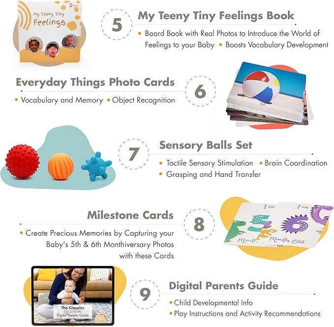 Montessori Toy Set 5-6 Months Infant Toys - Tummy Time Activity Wooden Spinning Drum, Sensory Balls Set, Texture Ball, Flash Cards, Baby Emotions Board Book, Newborn Gifts Basket