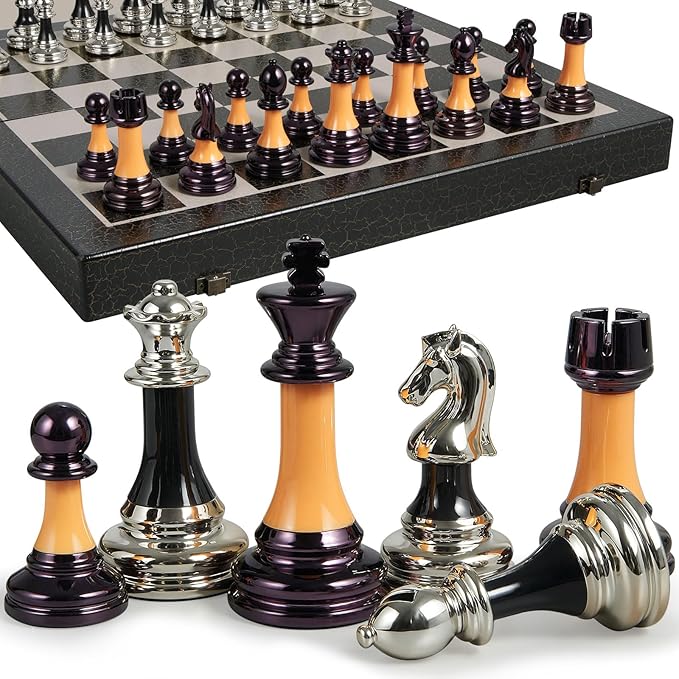 Chess Set 16" Wooden Foldable Black White Chess Board 3.5" Luxury Weighted Acrylic Chess Pieces with Storage Slots for Adults Children Gift Large
