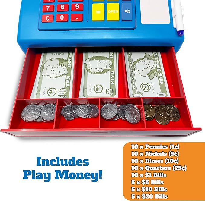 Dr. STEM Toys Solar Powered Calculator Pretend Cash Register with Play Money – 67-Piece Set for Learning Math Skills, STEM Cash Register for Kids, Blue