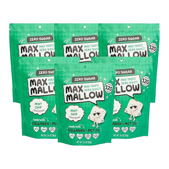 Max Mallow Sugar Free Marshmallows - Keto Friendly, Perfect for S'mores, Hot Chocolate, and Baking with Zero Sugar Snacks, Smores Mct Oil Zero Sugar Marshmellow Marshmallow Mint Chip, 6 Pack