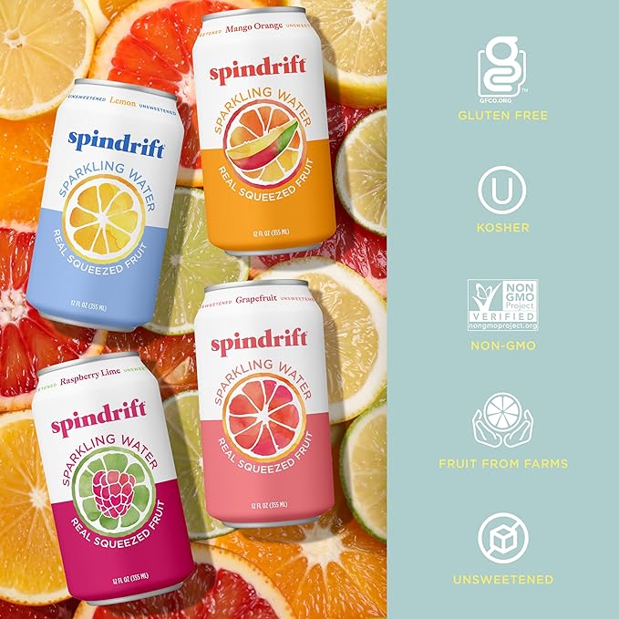 Spindrift Sparkling Water, 4 Flavor Variety Pack, Made with Real Squeezed Fruit, 12 Fl Oz (Pack of 20)