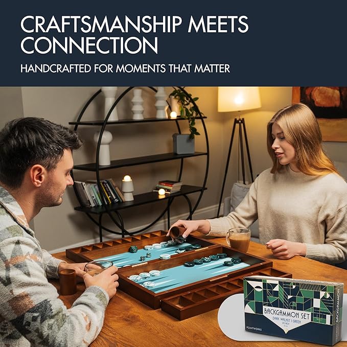 20 Inch Large Backgammon Sets for Adults, Green Backgammon Board, Solid Wood. Removable Accessory Tray, Premium 1.5 Inch Checkers & Dice Set, Backgammon Game Set Backgammon Table