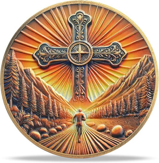Radiant Cross Path Religious Coin Inspirational Bible Verse Medallion Faith-Based Gifts for Spiritual Encouragement for Men & Women