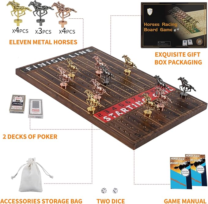 Horse Race Board Game Finish Line Racing Game with 11 Luxurious Metal Horses with 4 Dice and 2 Boxes of Cards Solid Wood Horse Racing Game Board Color Box Packaging (Small, Fire Burning Color)