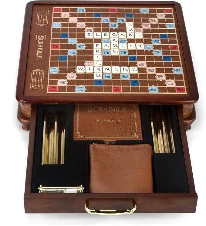 WS Game Company Scrabble Luxury Edition with Rotating Wooden Game Board