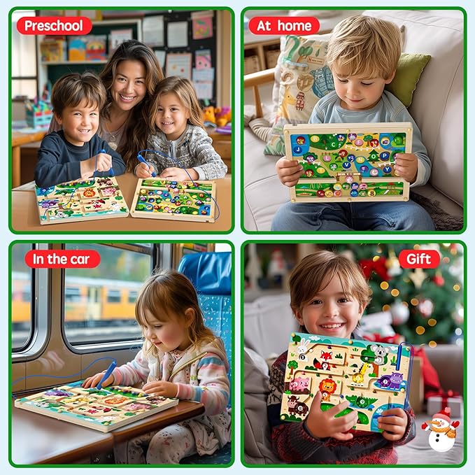 2 in 1 Magnetic Color and Number Maze Magnet Alphabet Counting Dinosaur Double Sided Board Wood Puzzle Fine Motor Skills Montessori Preschool Toys Gifts for Boys and Girls 3-5 Age (Zoo, One Size)