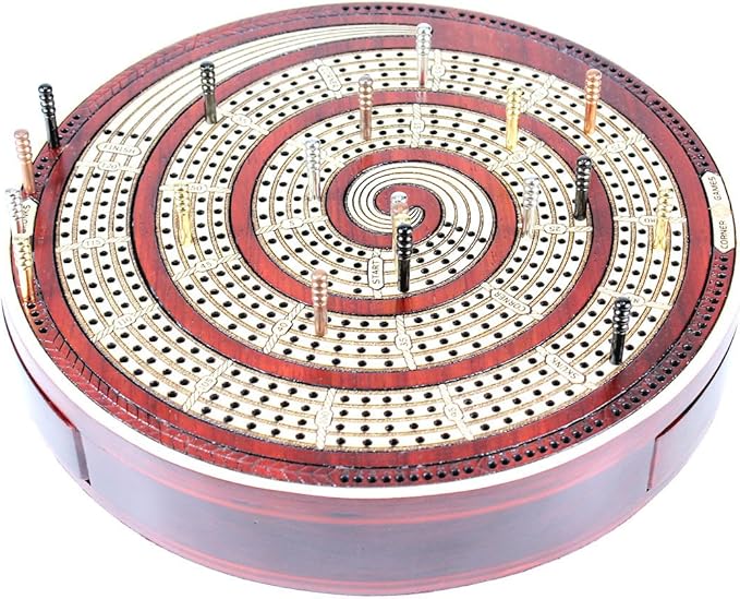 Cribbage Board Spiral Design Round Shape 4 Tracks Bloodwood/Maple with Place for Skunks, Corners & Won Games