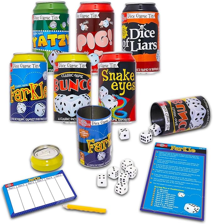 6 Pack Family Dice Games for Kids and Adults 4-8, 8-12 - Tin Can Travel Table Games and Activities, Farkle, Snake Eyes, Bunco, Dice of Liars, More | Family Game Night Bundle