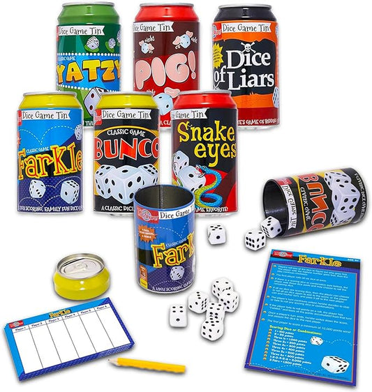 6 Pack Family Dice Games for Kids and Adults 4-8, 8-12 - Tin Can Travel Table Games and Activities, Farkle, Snake Eyes, Bunco, Dice of Liars, More | Family Game Night Bundle