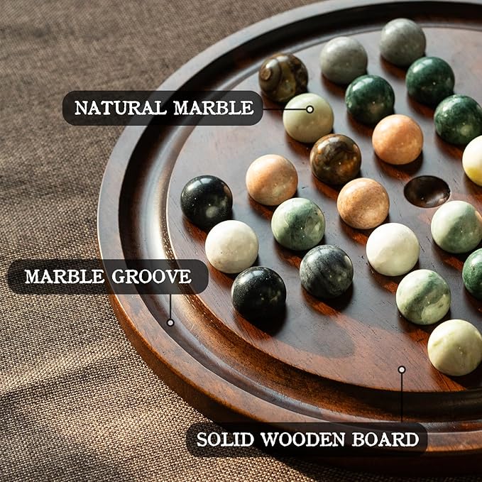 Deluxe Solitaire Game Set: 12.6'' Solid Wooden Board, 32 Natural Marble Balls, Single-Player Strategy and Smart Games