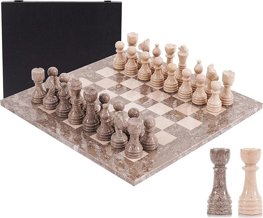 Marble Chess Set 15 Inch Handmade Board Game with Storage Box, Classic Travel Chess Set for Adults with Pieces & 2 Extra Queens, Elegant Gift & Home Décor (Oceanic & Verona)