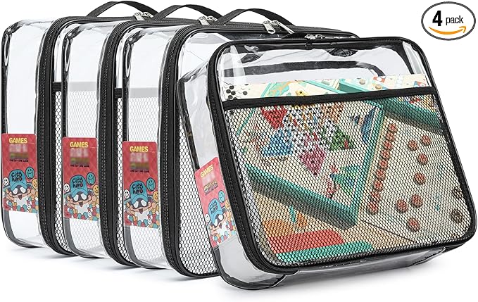 4-Pack Toy Storage Organizer Bags 13.7"L x 2.7"W x 9.7"H | Clear Waterproof Toy Organize for Building Blocks, Puzzles, Board Games | Travel-Friendly with Name Tag & Mesh Pocket (Large, Black)