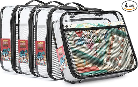 4-Pack Toy Storage Organizer Bags 13.7"L x 2.7"W x 9.7"H | Clear Waterproof Toy Organize for Building Blocks, Puzzles, Board Games | Travel-Friendly with Name Tag & Mesh Pocket (Large, Black)