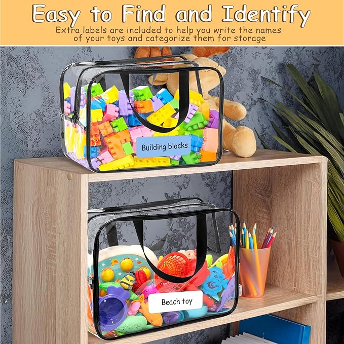 6 Packs Extra Large Toy Storage Bags,12.6 * 9.25 * 6.9 IN Clear Waterproof Toy Organizer Bags with Labels, Dual Zippers and Portable Handheld Design, Board Game Storage for Building Blocks, Puzzle