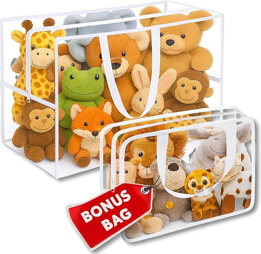 Honeyera Stuffed Animals Storage Bags with Zipper - Set of 2 with 1 Large Toy Storage Bag for Home Organization & 1 Portable Small Tote for Travel - Clear PVC Material for Easy Visibility & Organizin