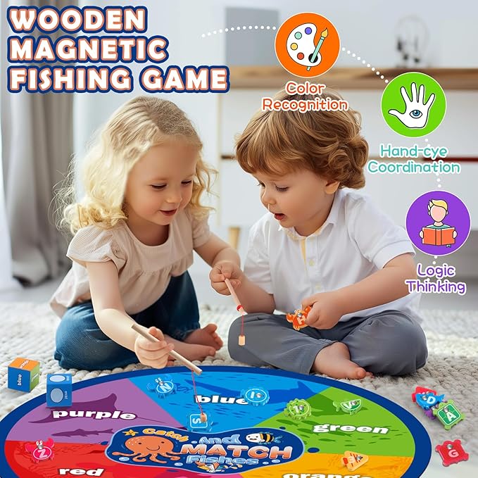 Alphabet Fishing Game - Wooden ABC Letter Puzzle for Toddlers 3-5 Years Old, Fine Motor Skills Toy, Birthday Gift for Kids