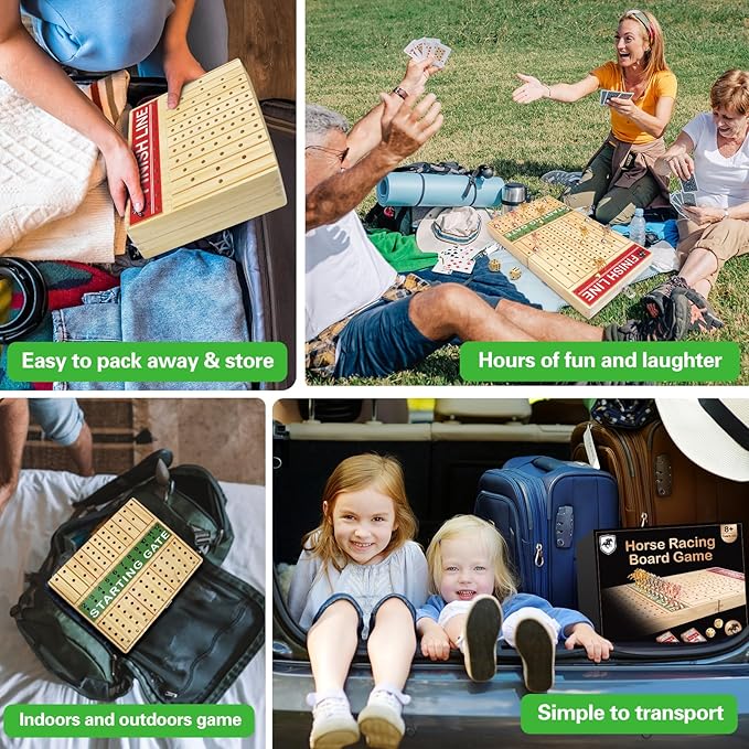 FUNNYB&G 21 inches Horse Race Board Game Foldable Large Horse Racing Game for Adults with 11 Metal Horses, Solid Wood 60 Pcs Poker Chips 2 Dice 1 Pack of Cards for Family Tabletop Parties(Log)