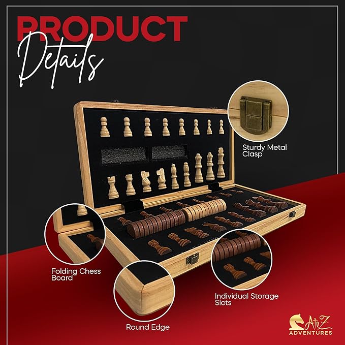 Magnetic Chess and Checkers Game Set - 15" (2 in 1) Folding Wooden Chess Sets for Adults & Kids with 2 Extra Queens | Travel Chess Board Game with Chess Pieces Storage Slots, Luxury Gift with Storage