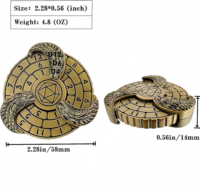 D&D Themed Fidget Spinner, dice Spinner, D4,D6, D8, D10, D12,D20,D% 7-in-1 Metal dice, Perfect for D&D Dungeons and Dragons, RPG and Pathfinder Role Playing Games (Ancient Gold Color)