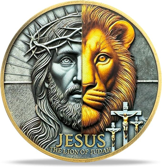 Half-Face Jesus Lion Religious Coin Inspirational Bible Verse Medallion Faith-Based Gifts for Spiritual Encouragement for Men & Women