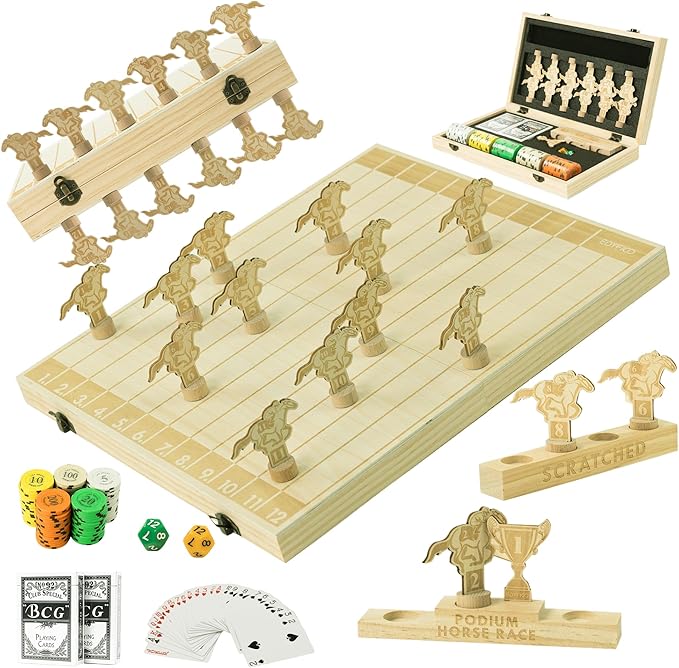 Magnetic Horse Race Board Game, Party Games with Magnet Wood Board, 12 Horses, 2 Pokers, 100 Chips, Fair Horse Racing Game, Smooth Gameplay, Game Nights, Luxurious Gift, Edyfico GSM301