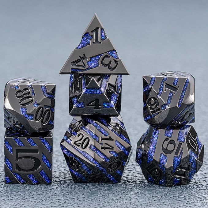 Anitque Metal Dice D&D,Metal Glitter Stripe Dice 7pcs Set with Gift Case,Polyhedral Dice for Role Playing Game (Black Nickel Dark Purple)