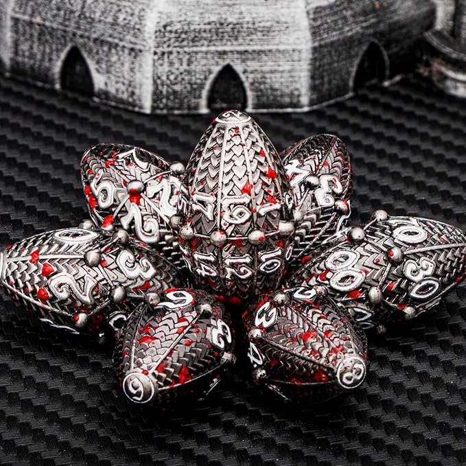 ARUOHHA DND Metal Dice Blood Splatter Dragon Egg Dice with Rotating Dragon Egg Shell, Role Playing Game RPG Polyhedral D and D Dice Set D20 D12 D10 D8 D6 D4