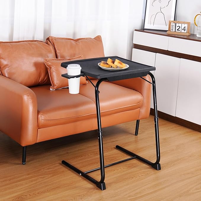 Allpop TV Tray Table, Adjustable TV Dinner Tray for Eating, Folding Laptop Table with 6 Heights & 3 Tilt Angles, Cup Holder on Couch & Bed, Black