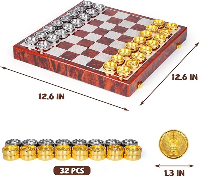 2-in-1 Metal Chess and Checkers Set for Adults & Kids –Travel Chess Sets Luxury Wooden Foldable Chessboard with Storage – Portable Classic Family Strategy Board Game with Metal Chess Pieces