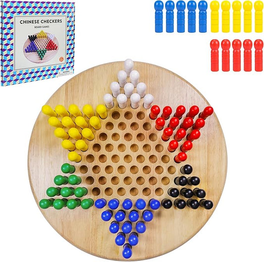 Large 15" Wooden Chinese Checkers Board Game – Classic Strategy Game with 75 Wooden Pegs (6 Colors), 2-6 Players (10 Pegs Each) or 2-3 Players (15 Pegs Each) – Fun Family Game for Kids, Adults