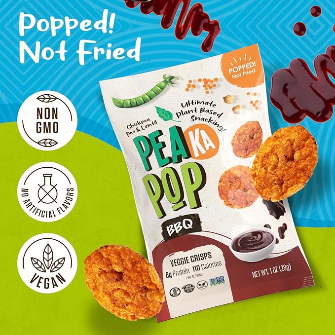 PeaKaPop Veggie Chips – Plant-Based, Healthy Veggie Crisps with Pea, Lentil & Chickpea Protein – Vegan, Gluten-Free, Popped Chips – Snack Size for Kids & Adults – 1 oz Bags (15-Pack) – BBQ