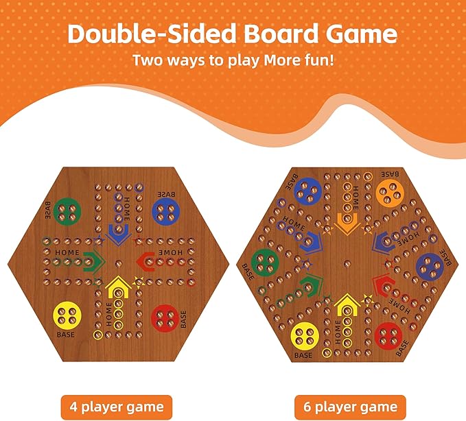 Wooden Board Game, Board Game Original Marble Game Double Sided Painted 2 to 6 Player Fast Track Wooden with 6 Colors 24 Marbles 6 Dice for Adults Kids Family(24 INCH Flame)