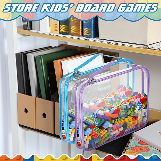 Sanwuta 6 Packs Toy Storage Bags, PVC Organizing Case Bags with Zipper, Waterproof Toy Container for Board Games, Building Blocks, Puzzles, Small Toys and Kids Books(Large,Cute Colors)