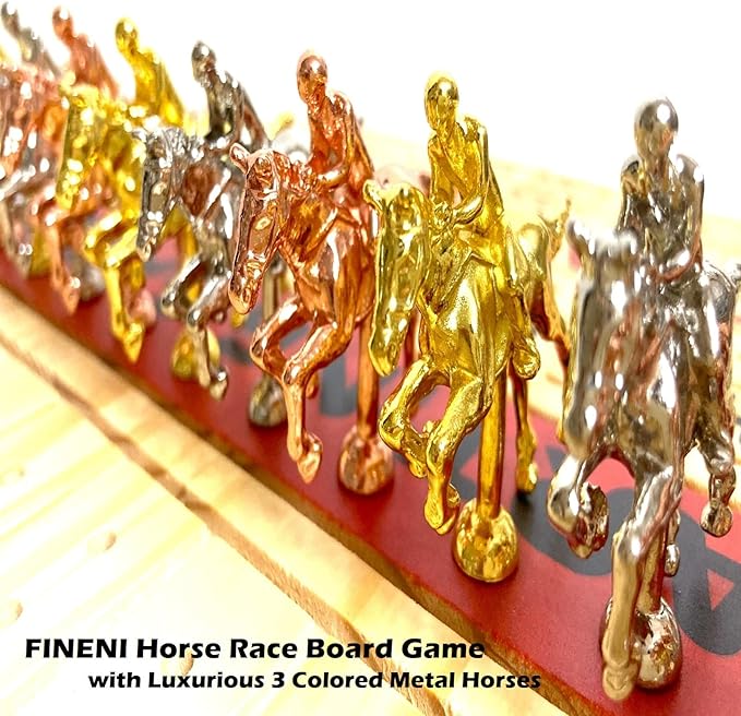 Horse Racing Game for Adults With 11 Luxurious Metal Horses (Silver, Black, Rose Gold), 22" Pine Wood Race Game Board, Dice & Card Included (Log Color3)