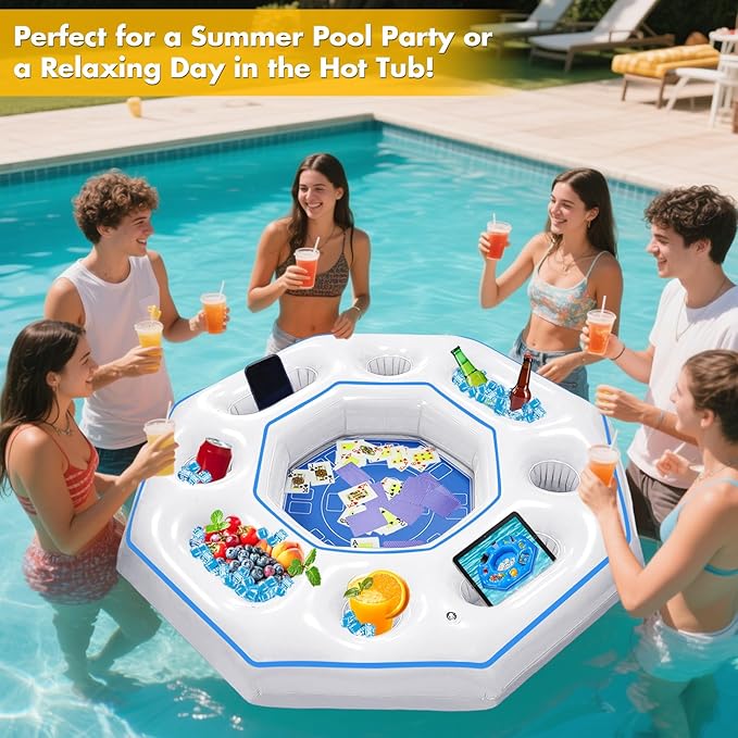 Octagonal Inflatable Game Table with Waterproof Playing Cards, Inflatable Pool Bar Games for Adults, Floating Portable Bar Table Tray for Hot Tub or Pool Beach Party