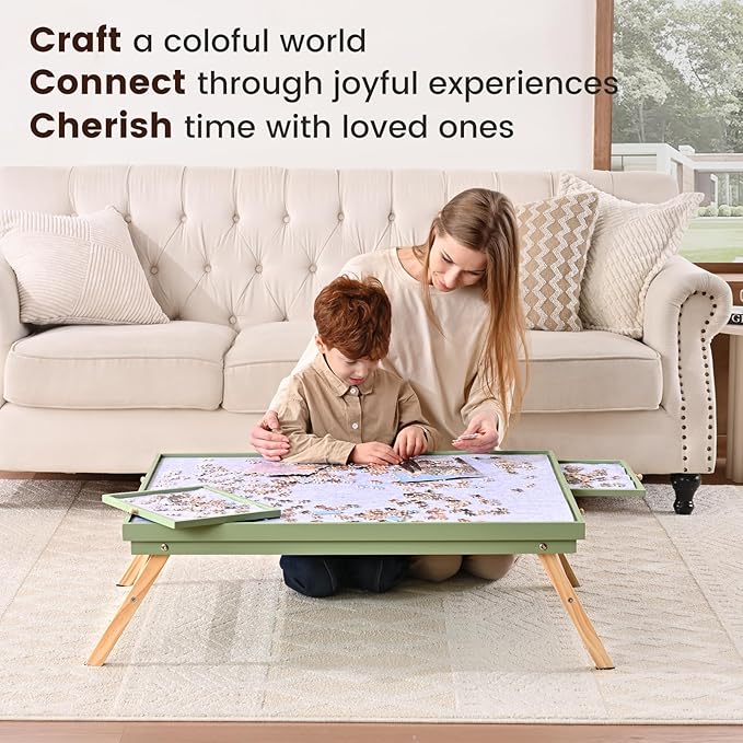 1500 Pieces Wooden Jigsaw Puzzle Board with Foldable Legs, 35"x26.8" Puzzle Table with 4 Drawers and Protective Cover, Large Wood Folding Jigsaw Puzzle Table for Adults and Teens, Mint Green