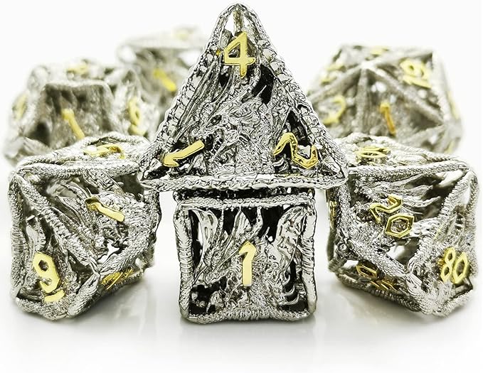 HAOMEJA Hollow Dragon Dice DND Metal Dice Set 7 Role Playing Dice D&D Dungeons and Dragons Dice (Silver)
