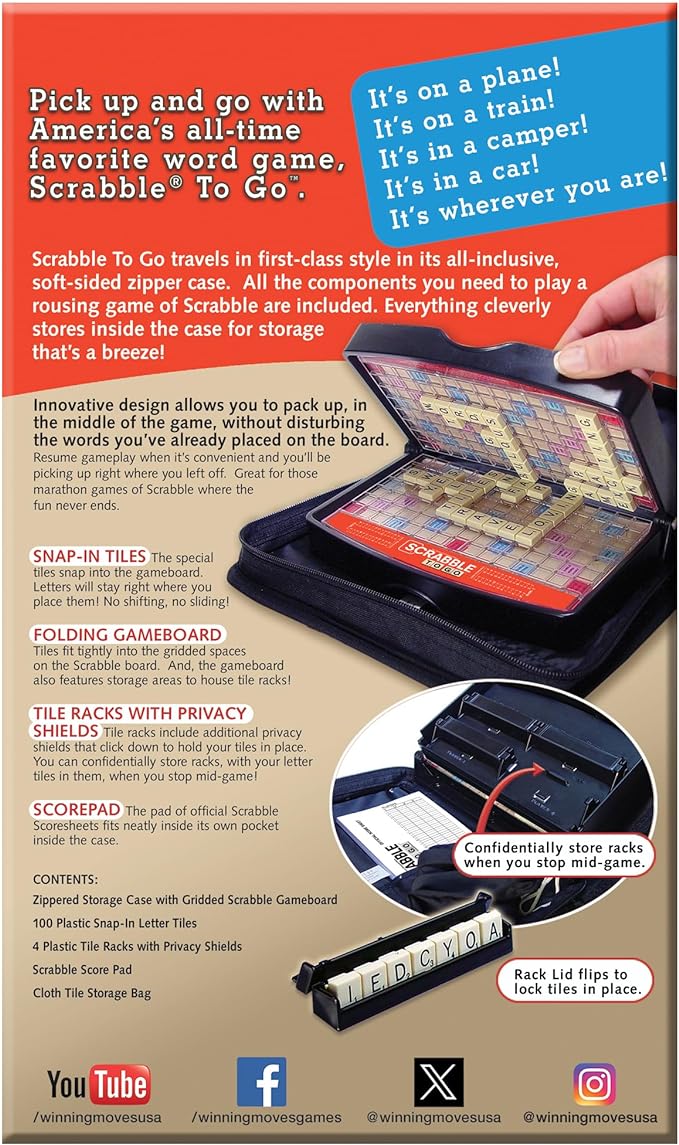 Winning Moves Games Scrabble to Go USA, a Travel Version of The World's Favorite Word Game, for 2 to 4 Players, Ages 8+ (1202), Black,red