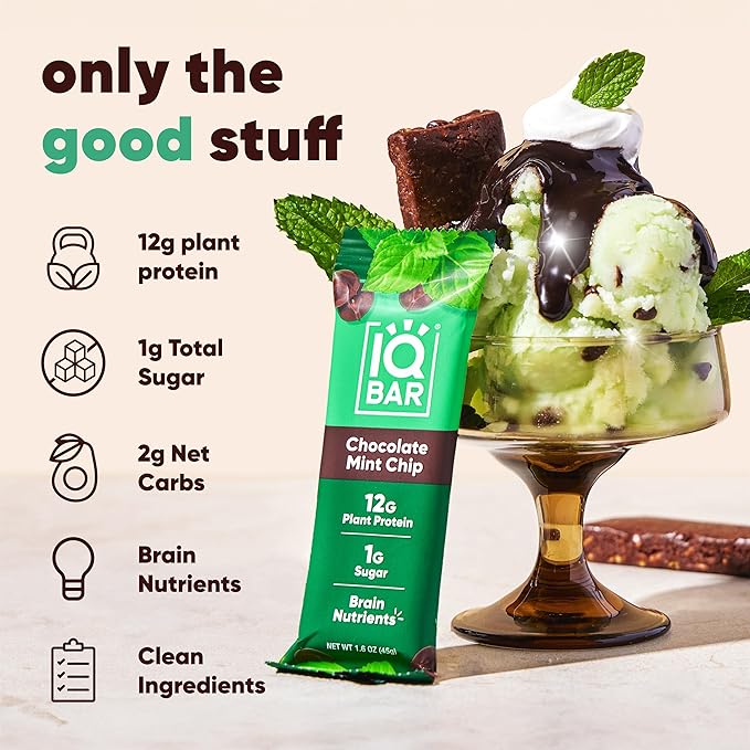 IQBAR Brain and Body Plant Protein Bars - Chocolate Mint Chip - 12-Count Low Carb - Gluten Free, High Fiber, Vegan Snacks - Low Sugar Meal Replacement