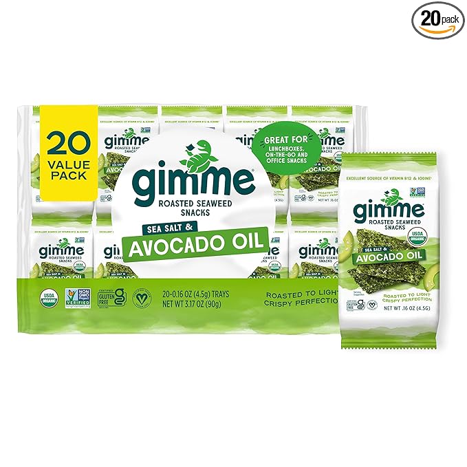 Gimme Seaweed Organic Premium Roasted Seaweed Snacks, Sea Salt & Avocado Oil, 20 Count, Keto, Vegan, Gluten-Free, Great Source of Omega3s and Iodine, Healthy On-The-Go Snack for Kids and Adults