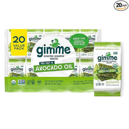 Gimme Seaweed Organic Premium Roasted Seaweed Snacks, Sea Salt & Avocado Oil, 20 Count, Keto, Vegan, Gluten-Free, Great Source of Omega3s and Iodine, Healthy On-The-Go Snack for Kids and Adults