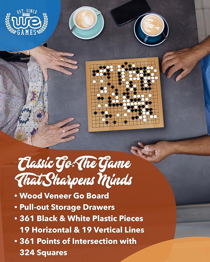 Go Game Set 12 Inch - Traditional Go Set with Pull-Out Storage Drawers, Portable Wood Veneer Goban, Strategy Board Games for Adults, Go Board Game by WE Games