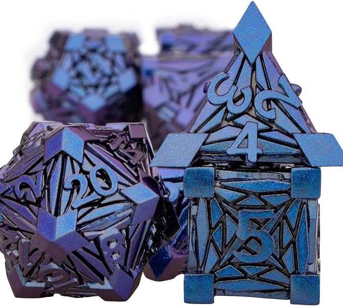 7PCS Metal DND Dice Set with Box, Debris RPG Blue Purple D and D Dice for use with D&D Tabletop Games Role Playing Game Polyhedral Dice Set D20 D12 D10 D8 D6 D4
